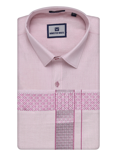 Mens Rose Tissue Shirt and Dhoti Set with Intricate Jacquard Border Plum by Minister White