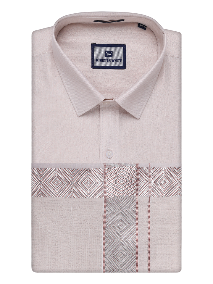 Mens Almond Tissue Shirt and Dhoti Set with Intricate Jacquard Border Plum by Minister White