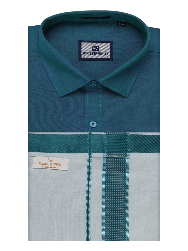 Men's Cotton Green Shirt with Tissue Matching Border Flexi Dhoti Wedding Combo Kandala