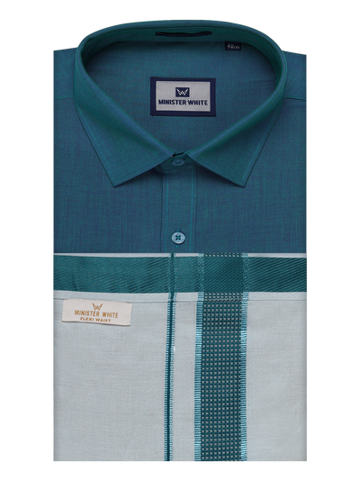 Men's Cotton Green Shirt with Tissue Matching Border Flexi Dhoti Wedding Combo Kandala