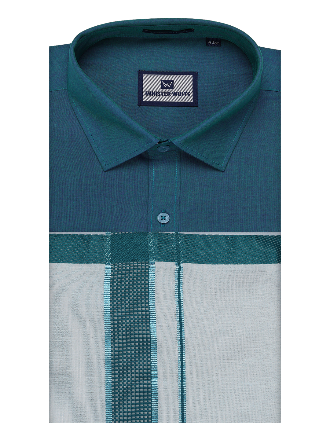 Mens Cotton Green Shirt with Tissue Matching Border Dhoti Wedding Combo Kandala by Minister White