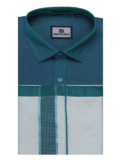 Mens Cotton Green Shirt with Tissue Matching Border Dhoti Wedding Combo Kandala by Minister White