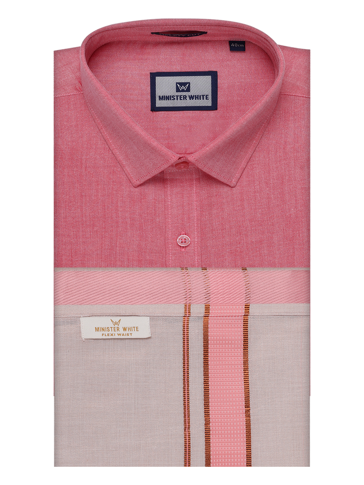 Men's Cotton Pink Shirt with Tissue Matching Border Flexi Dhoti Wedding Combo Kandala