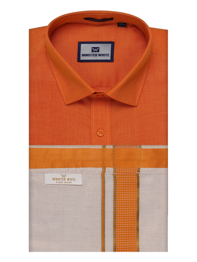 Men's Cotton Orange Shirt with Tissue Matching Border Flexi Dhoti Wedding Combo Kandala