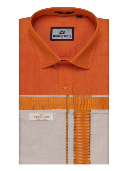 Men's Cotton Orange Shirt with Tissue Matching Border Flexi Dhoti Wedding Combo Kandala