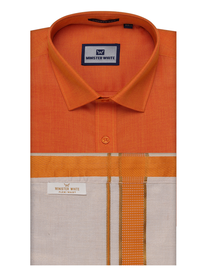 Men's Cotton Orange Shirt with Tissue Matching Border Flexi Dhoti Wedding Combo Kandala