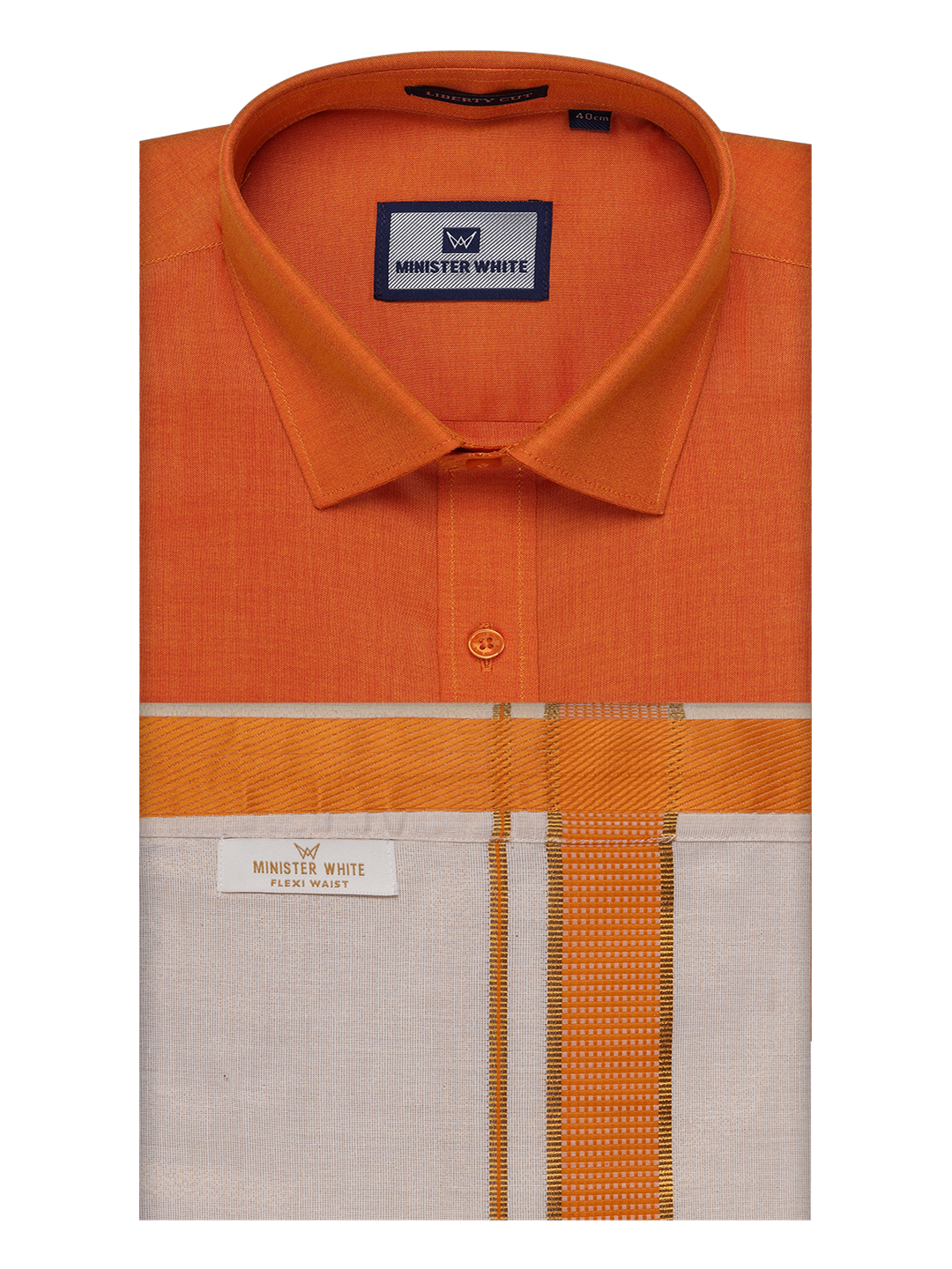 Men's Cotton Orange Shirt with Tissue Matching Border Flexi Dhoti Wedding Combo Kandala