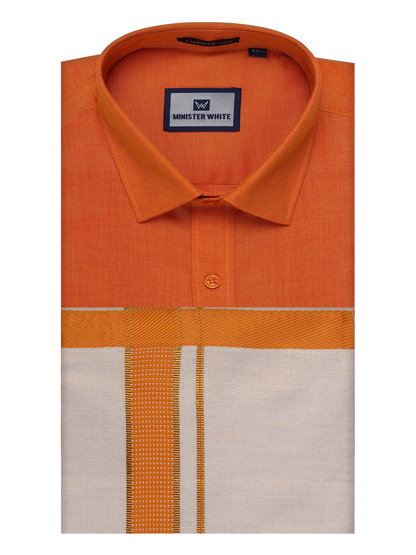 Mens Cotton Orange Shirt with Tissue Matching Border Dhoti Wedding Combo Kandala by Minister White