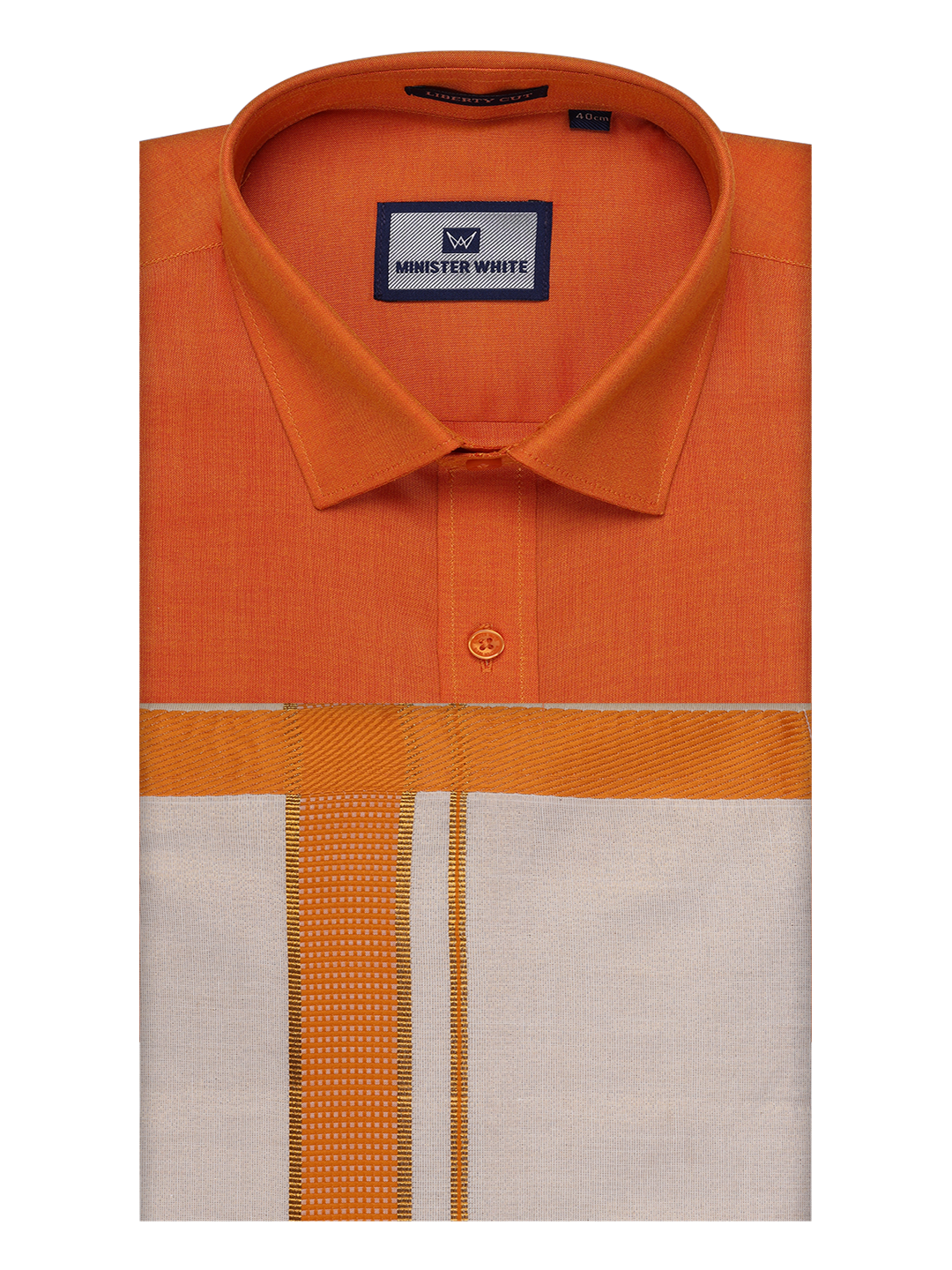 Mens Cotton Orange Shirt with Tissue Matching Border Dhoti Wedding Combo Kandala by Minister White