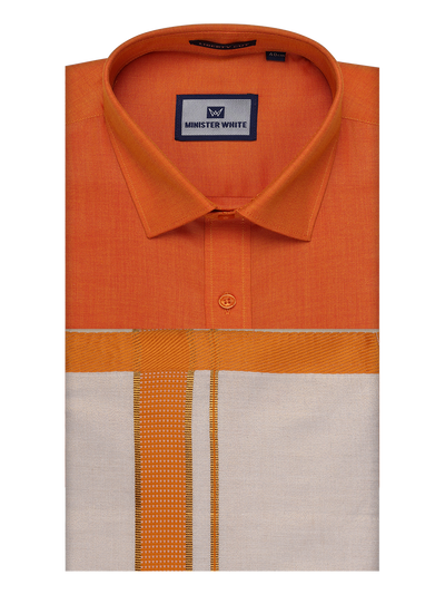 Mens Cotton Orange Shirt with Tissue Matching Border Dhoti Wedding Combo Kandala by Minister White