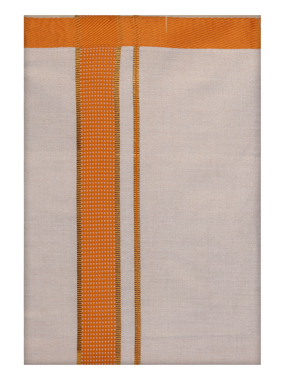 Mens Cotton White Shirt with Orange Color Border Dhoti by Minister White