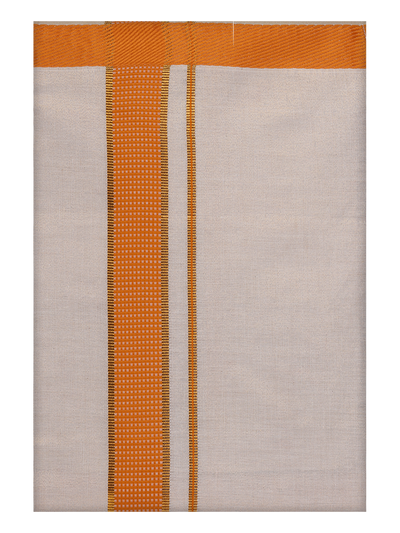 Mens Cotton White Shirt with Orange Color Border Dhoti by Minister White