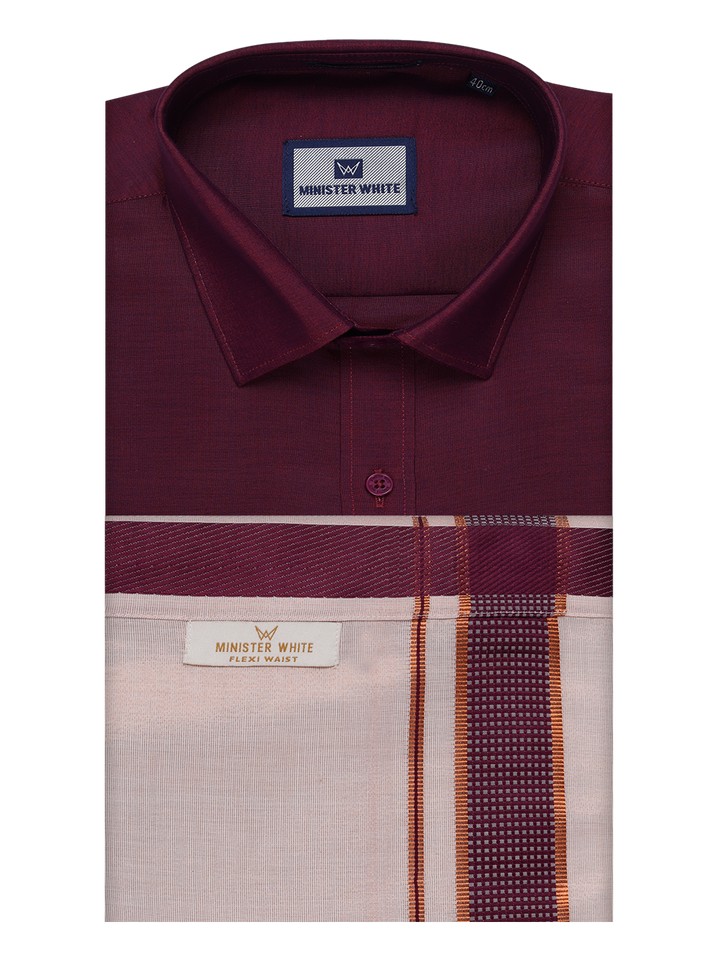 Men's Cotton Maroon Shirt with Tissue Matching Border Flexi Dhoti Wedding Combo Kandala