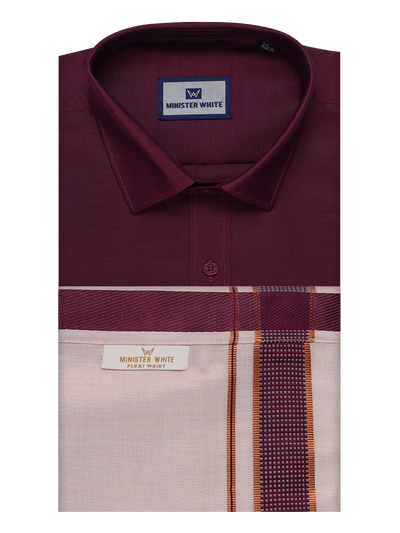 Men's Cotton Maroon Shirt with Tissue Matching Border Flexi Dhoti Wedding Combo Kandala