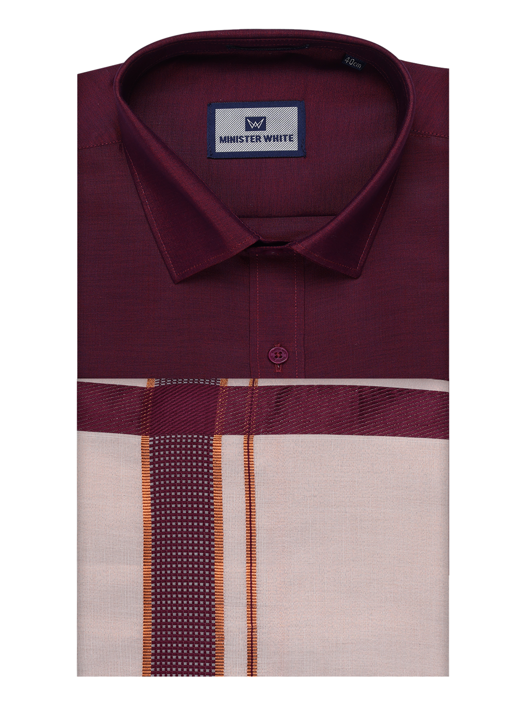 Mens Cotton Maroon Shirt with Tissue Matching Border Dhoti Wedding Combo Kandala by Minister White