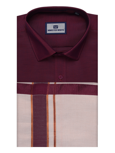 Mens Cotton Maroon Shirt with Tissue Matching Border Dhoti Wedding Combo Kandala by Minister White