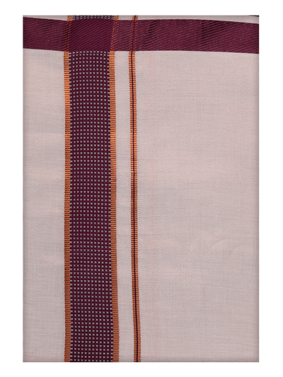 Mens Cotton White Shirt with Maroon Color Border Dhoti by Minister White