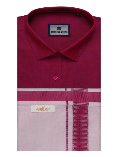 Men's Cotton Magenta Shirt with Tissue Matching Border Flexi Dhoti Wedding Combo Kandala