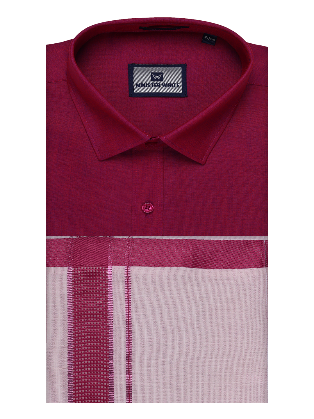 Mens Cotton Magenta Shirt with Tissue Matching Border Dhoti Wedding Combo Kandala by Minister White