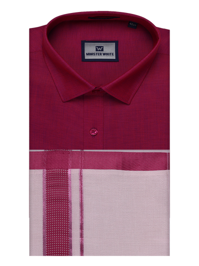 Mens Cotton Magenta Shirt with Tissue Matching Border Dhoti Wedding Combo Kandala by Minister White