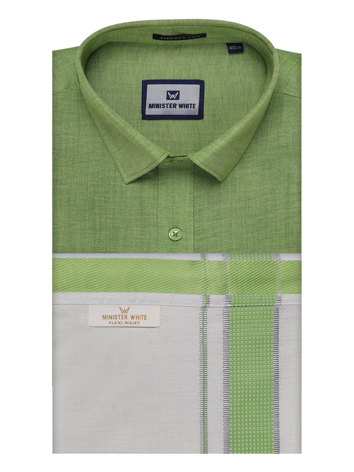 Men's Cotton Light Green Shirt with Tissue Matching Border Flexi Dhoti Wedding Combo Kandala