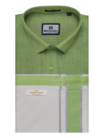 Men's Cotton Light Green Shirt with Tissue Matching Border Flexi Dhoti Wedding Combo Kandala