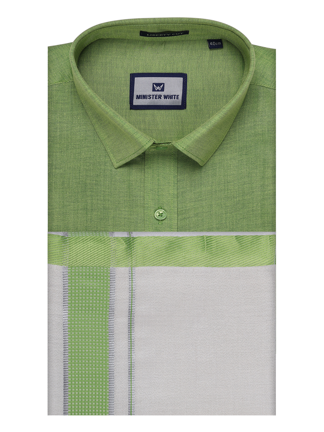 Mens Cotton Light Green Shirt with Tissue Matching Border Dhoti Wedding Combo Kandala by Minister White