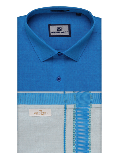 Men's Cotton Blue Shirt with Tissue Matching Border Flexi Dhoti Wedding Combo Kandala
