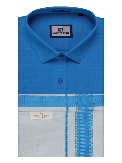 Men's Cotton Blue Shirt with Tissue Matching Border Flexi Dhoti Wedding Combo Kandala