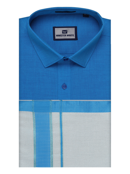 Mens Cotton Blue Shirt with Tissue Matching Border Dhoti Wedding Combo Kandala by Minister White