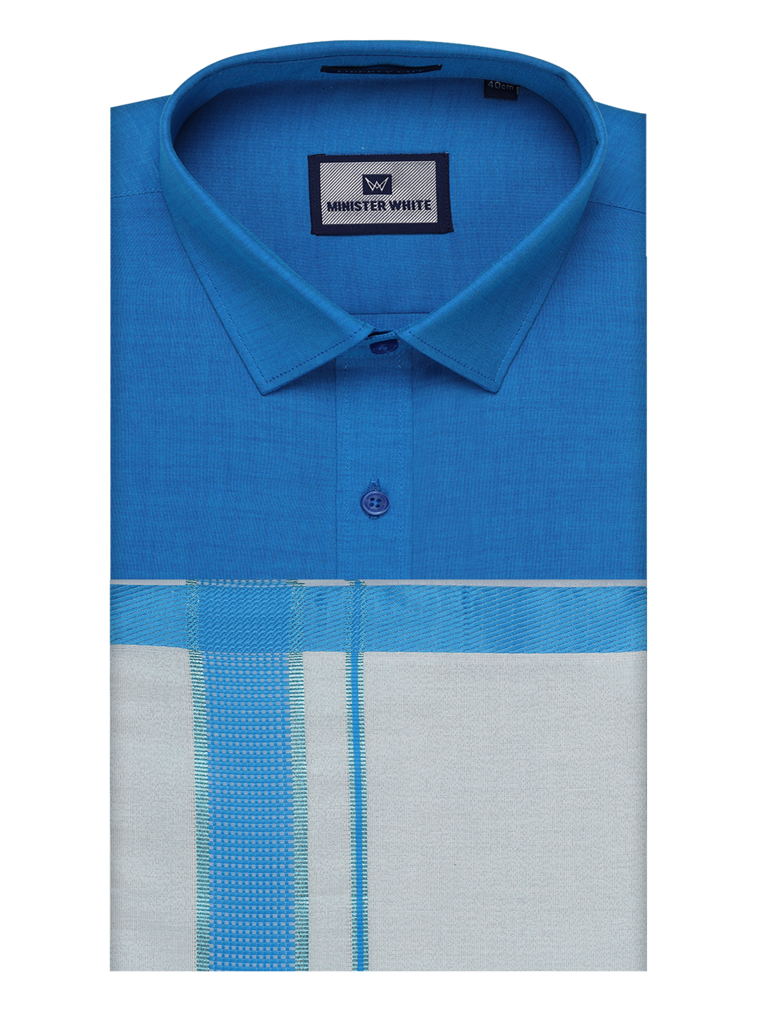 Mens Cotton Blue Shirt with Tissue Matching Border Dhoti Wedding Combo Kandala by Minister White