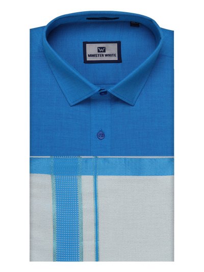 Mens Cotton Blue Shirt with Tissue Matching Border Dhoti Wedding Combo Kandala by Minister White