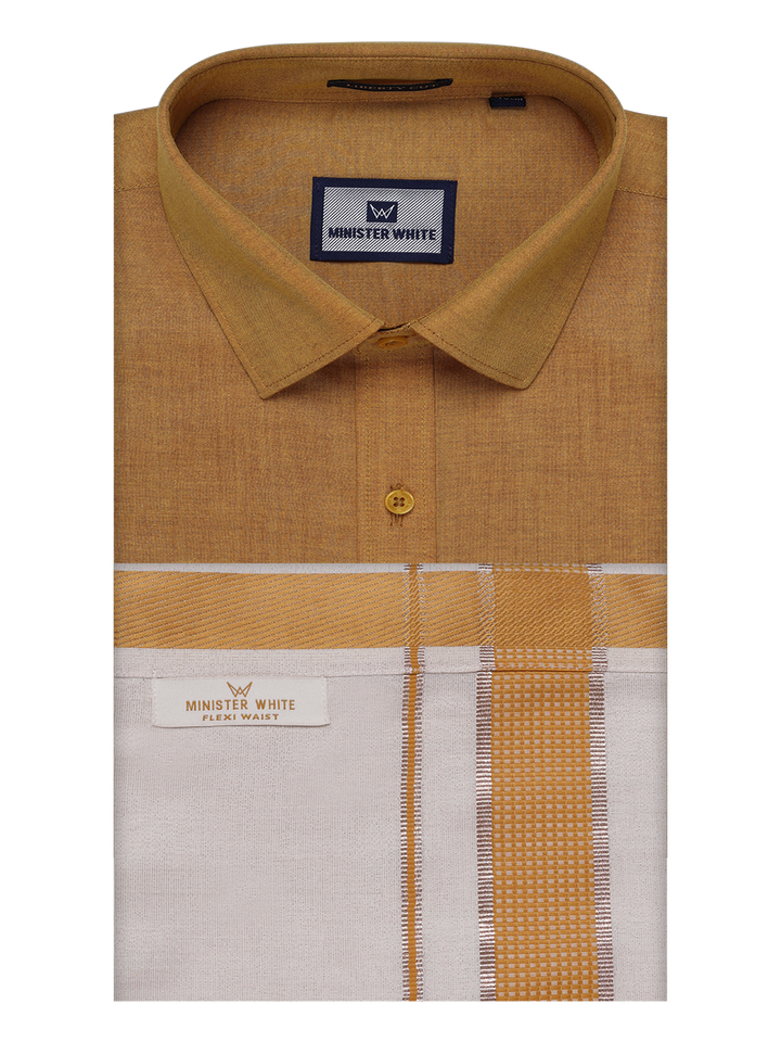 Men's Cotton Mustard Shirt with Tissue Matching Border Flexi Dhoti Wedding Combo Kandala