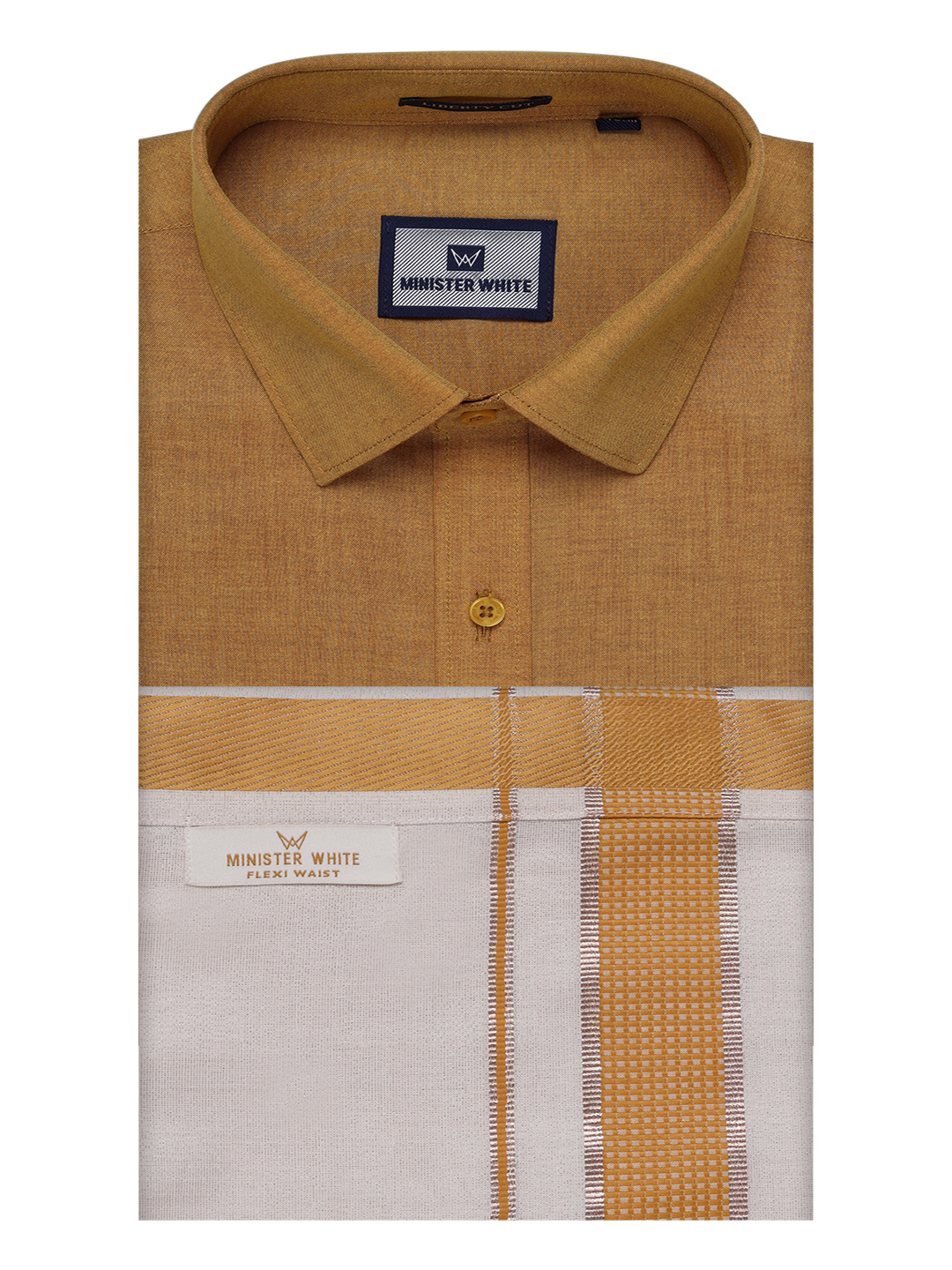 Men's Cotton Mustard Shirt with Tissue Matching Border Flexi Dhoti Wedding Combo Kandala