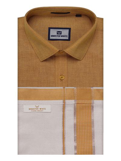 Men's Cotton Mustard Shirt with Tissue Matching Border Flexi Dhoti Wedding Combo Kandala