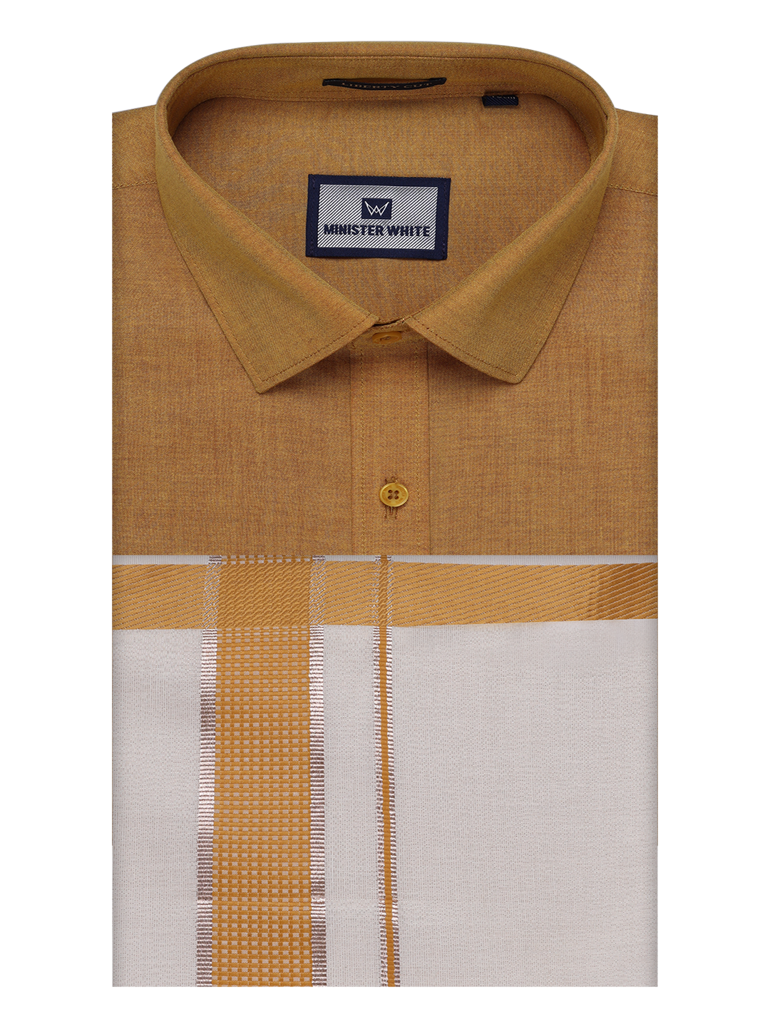 Mens Cotton Mustard Shirt with Tissue Matching Border Dhoti Wedding Combo Kandala