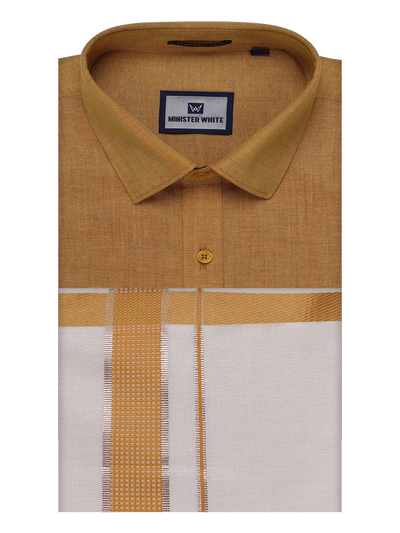 Mens Cotton Mustard Shirt with Tissue Matching Border Dhoti Wedding Combo Kandala by Minister White