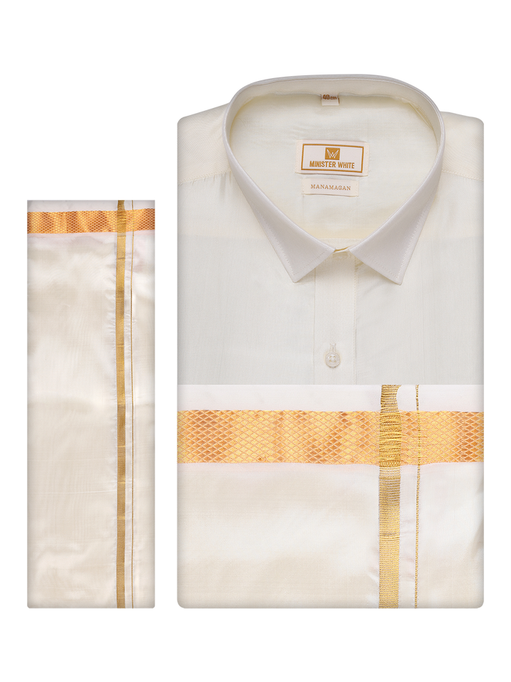 Men's Silk Mix Wedding Cream Shirt, Dhoti, Nerial with Belt Combo - Thamboolam