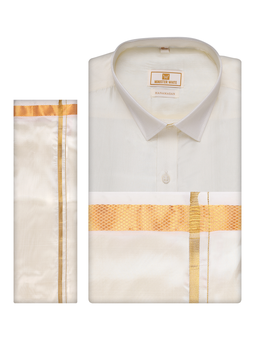 Mens Silk Mix Wedding Cream Shirt, Dhoti, Nerial with Belt Combo - Thamboolam