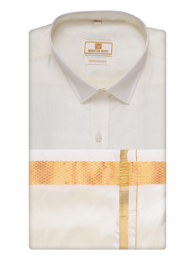 Mens Silk Mix Wedding Cream Shirt, Dhoti, Nerial with Belt Combo - Thamboolam