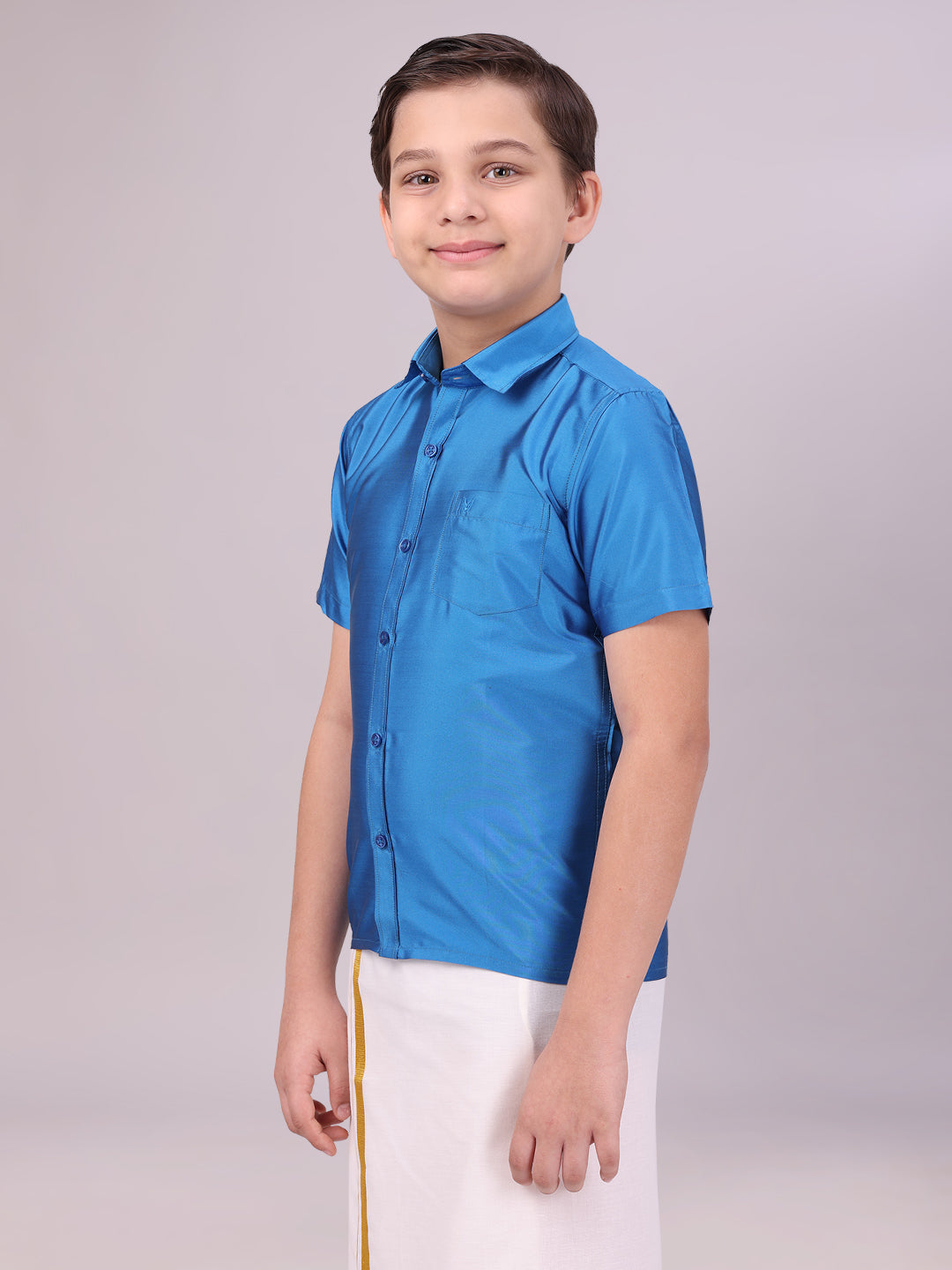 Boys Dupion Satin Blue Colour Half Sleeves Shirt side pose