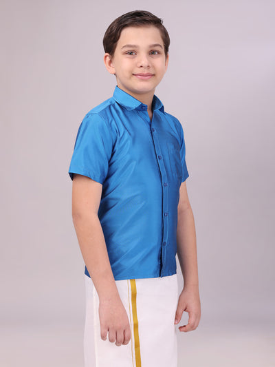 Boys Dupion Satin Blue Colour Half Sleeves Shirt side pose