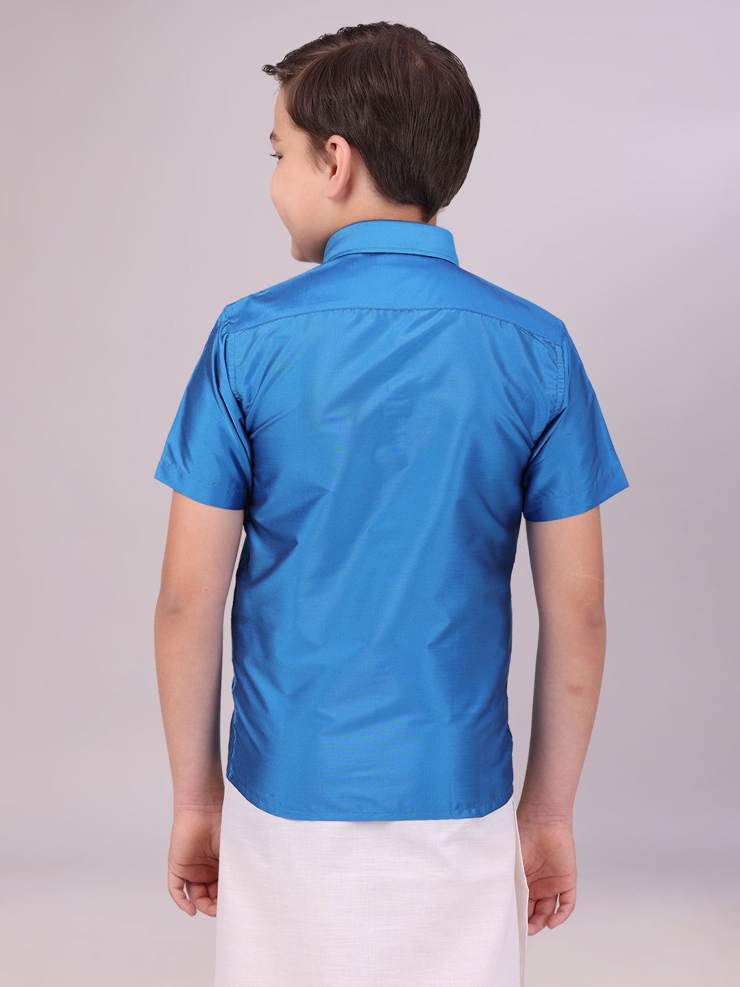 Boys Dupion Satin Blue Colour Half Sleeves Shirt back pose