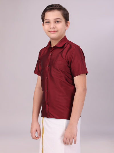 Boys Dupion Satin Maroon Colour Half Sleeves Shirt side pose