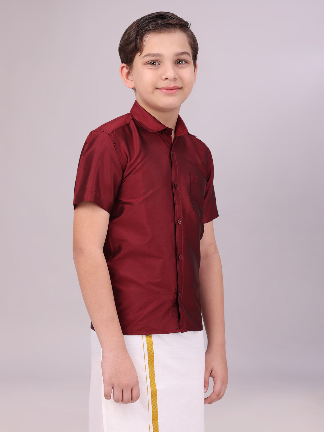 Boys Dupion Satin Maroon Colour Half Sleeves Shirt side pose