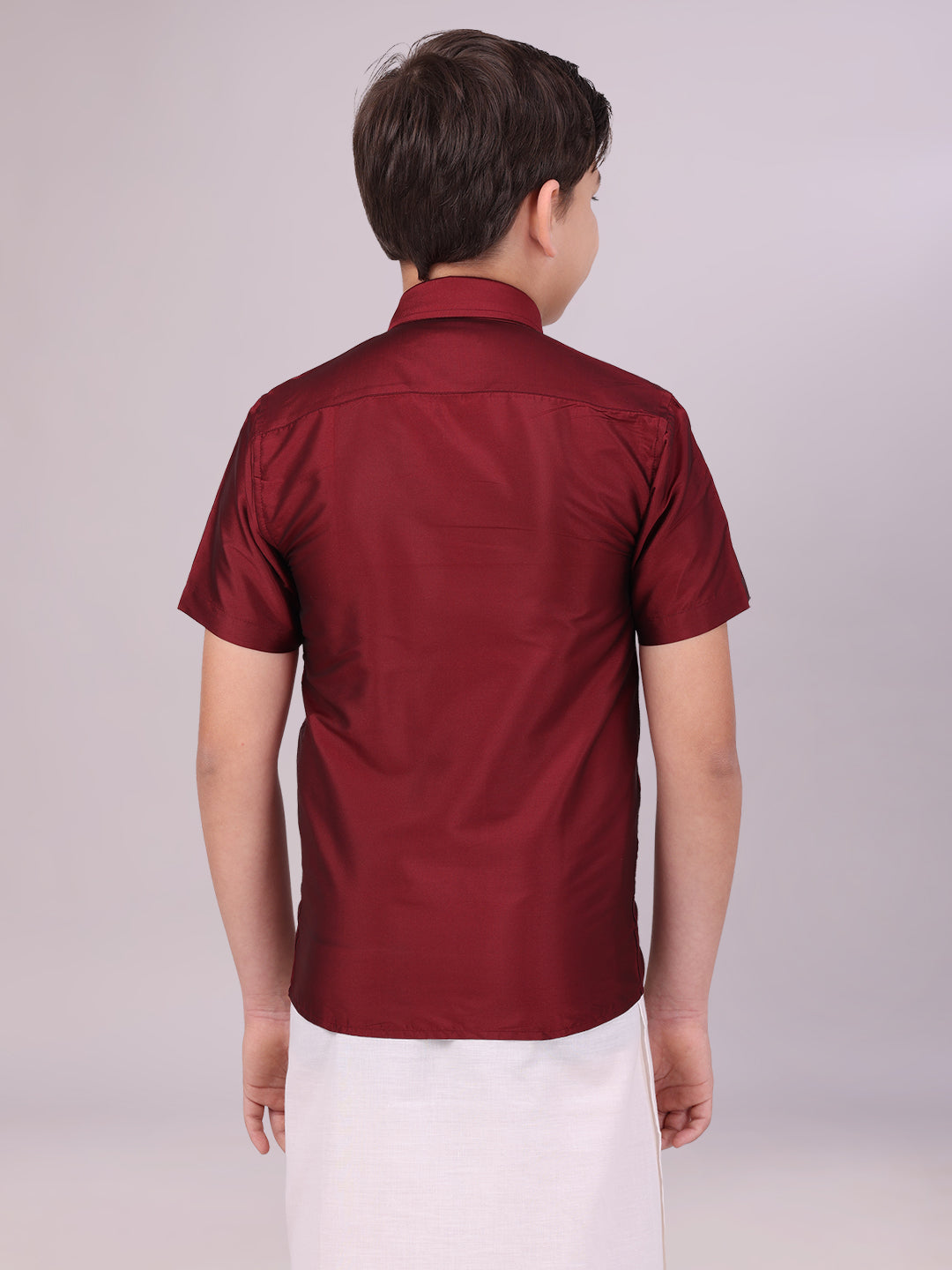 Boys Dupion Satin Maroon Colour Half Sleeves Shirt back pose