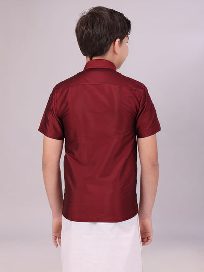 Boys Dupion Satin Maroon Colour Half Sleeves Shirt back pose