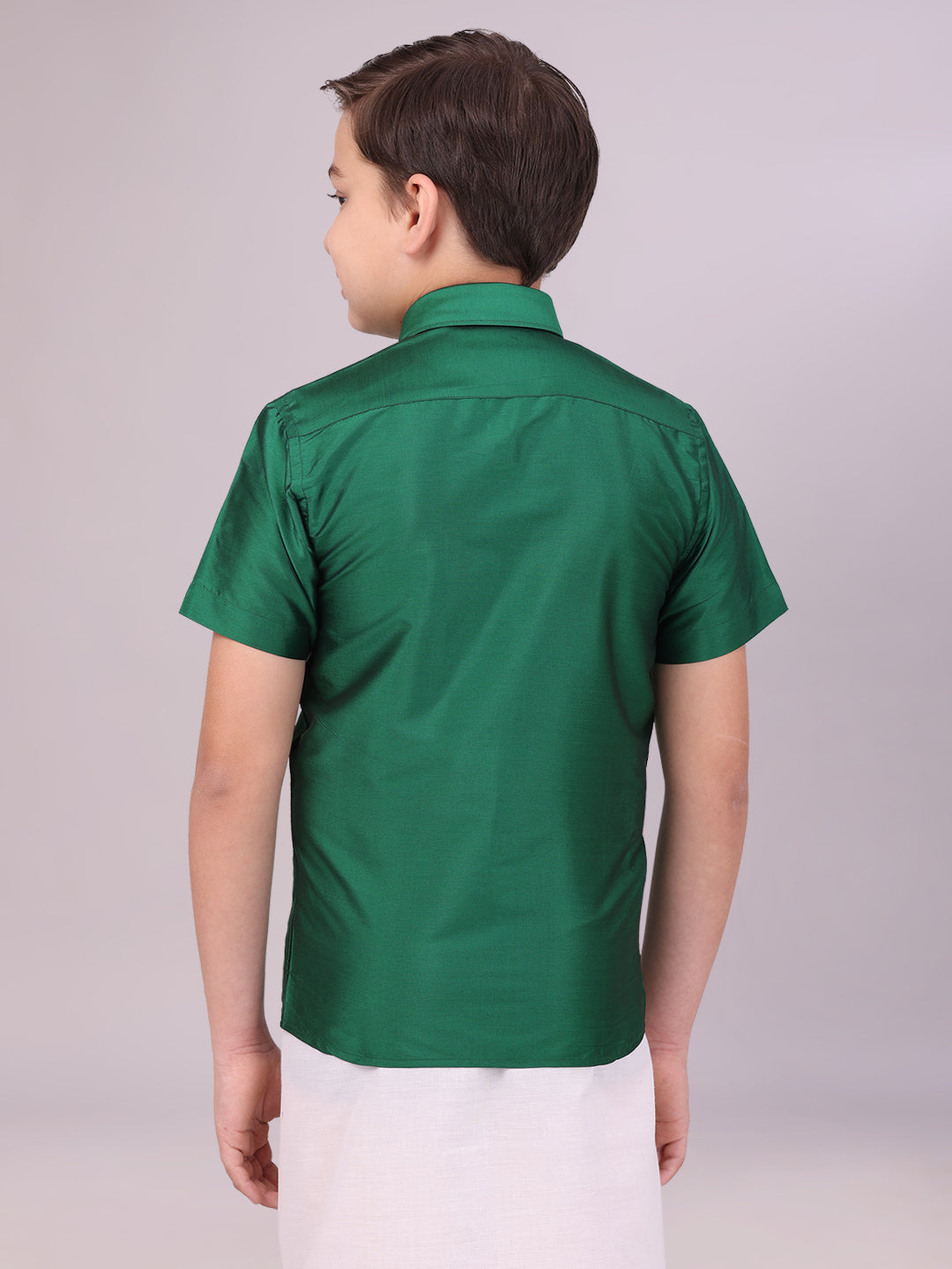 Boys Dupion Satin Green Colour Half Sleeves Shirt back pose