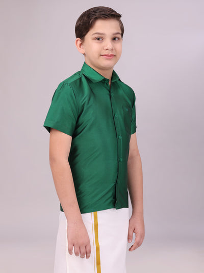 Boys Dupion Satin Green Colour Half Sleeves Shirt side pose