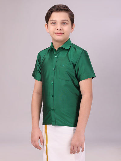 Boys Dupion Satin Green Colour Half Sleeves Shirt side pose